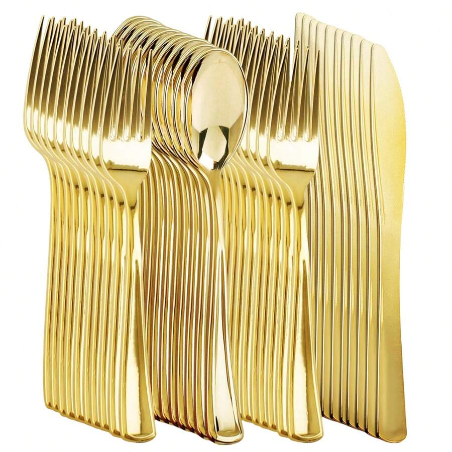 50/25/12/6pcs Gold Plastic Cutlery Set Including Knife, Fork, Spoon, Square Gold Plastic Plates, Elegant Diamond Pattern Design, Reusable And Easy To Clean, Suitable For Birthday, Wedding, Graduation, Baptism, Anniversary, Teambuilding, Outdoor Party, Holiday Gathering, Etc - Gold - View 1