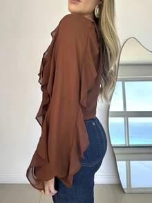 Women's Elegant V-Neck Ruffle Trim Asymmetrical Button Up Casual Chiffon Blouse, Long Sleeve