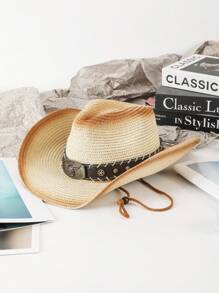 1pc Casual Bull Star Pattern Boho Rivet Bow Straw Sun Hat, Fashionable Versatile Beach Holiday Shade Hat For All Seasons