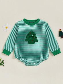 Mono de manga larga a rayas para bebé, con estampado de calabaza, fantasma, árbol y pavo, ropa de invierno y otoño para niños y niñas - Verde - Ver 6