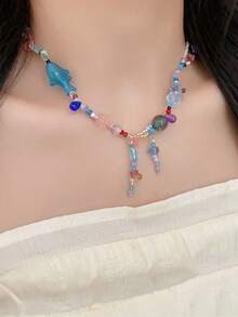 1 件可爱橙色陶瓷鱼海星吊坠串珠项链适合女性海边度假波西米亚原宿魅力珠宝配饰，小众个性化高美甜美锁骨链，新款时尚手工串珠项链创意简约