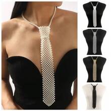Pearl Tie Woven Hollow Bead Scarf Scarf, Neck Decoration Collar, Retro Matching Shirt Hollow Fake Collar Accessory Korean Style Draweye Pearls Tie Long Necklace Choker Hyperbole Crystal Neck Tie