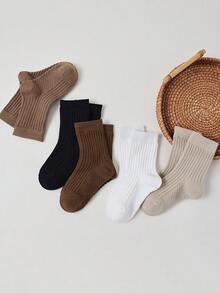 5/2/1 Pair Pack Children's Mid-Calf Socks, Suitable For Boys, Girls, Infants, Black, White, Khaki, Coffee, Solid Color, Striped, Massage Bottom, Pineapple Pattern Bottom, All Season, Thin, Mid-Calf, Casual, Fashionable, Comfortable, Versatile, Cute, Suitable For Daily Wear, Can Be Paired With Casual Shoes, Sneakers, Back To School Season, Students, New School Term, Start Of School, Classroom