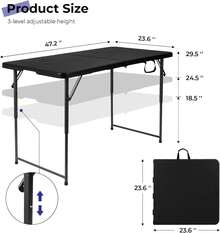 Mesa plegable Byliable de 4 pies, mesa de utilidad plegable de plástico resistente portátil que se dobla a la mitad, mesa pequeña ajustable en altura para interiores y exteriores con asa de transporte, ideal para camping y fiestas, color negro - Negro - Ver 2