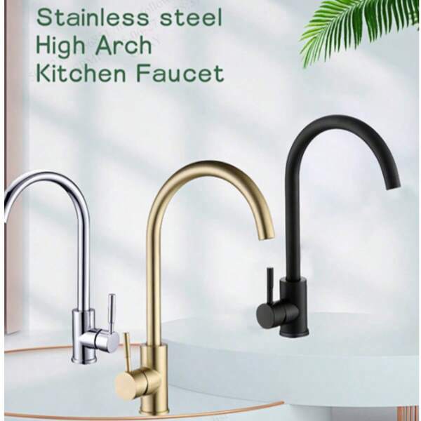 1pc Single Handle High Arch Kitchen Faucet, 360 Degree Swivel Spout Hot And Cold Water Mixer Tap Stainless Steel Household Single Hole Sink Faucet (Brushed Gold,Chrome,Black, Selectable)