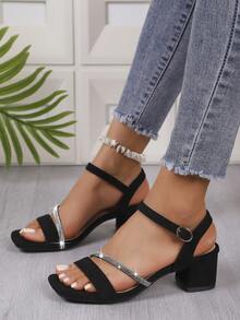 1 Pair Fashion Strap Women Chunky Heel Sandals, Solid Color Open Toe, Minimalist Style, Suede Back, European & American Design - Diamond Strip Black - View 4