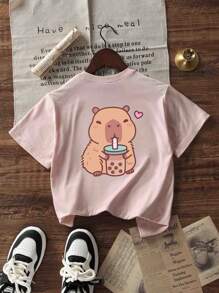 Camiseta de manga corta de cuello redondo, de color gris oscuro estampada, casual para niñas y adolescentes estudiantes, top de verano