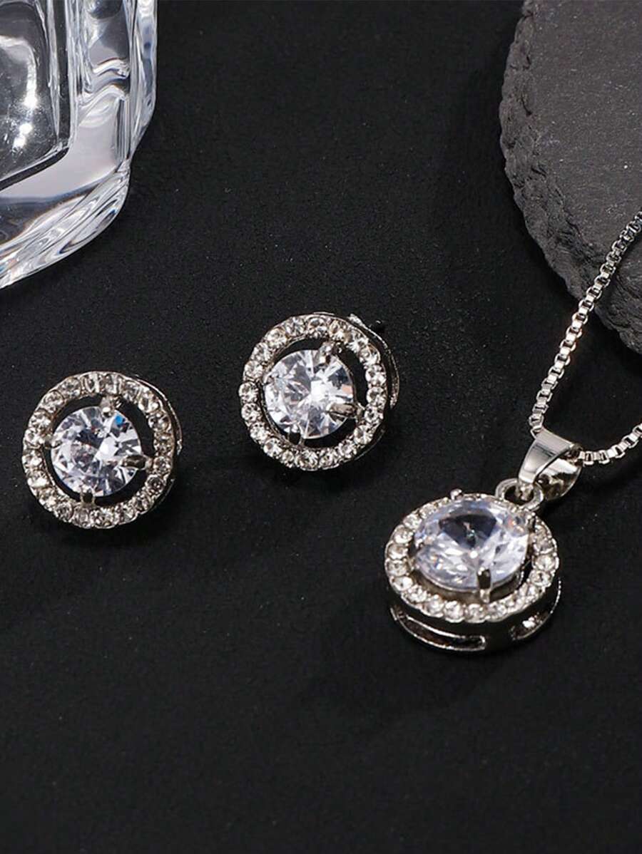 Set de joyería de moda de 3 piezas: collar con strass de circonita, aretes y anillo, elegante para novias, bodas y fiestas