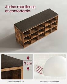 VASAGLE Banc à Chaussures, Meuble d'Entrée, Rangement Chaussures, Assise Rembourrée et 15 Compartiments, Étagère Porte-Chaussures, Capacité de Charge 200 kg, Brun café - Marron - Voir 6