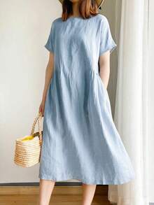 Women's Solid Color Mid-Length Casual Dress With Short Sleeves, Minimalist Style Suitable For Spring, Summer, And Autumn Elegant - Baby Blue - View 3