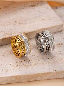 1pc Fashionable Stainless Steel Hollow Great Wall & Clover Rhinestone Decor Ring, Suitable For Men And Women Daily Wear - Ring - View 6