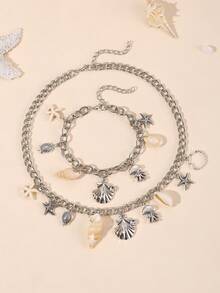 2pcs/Set Girl's Shell, Starfish Necklace & Bracelet Jewelry Set - Multicolor - View 1