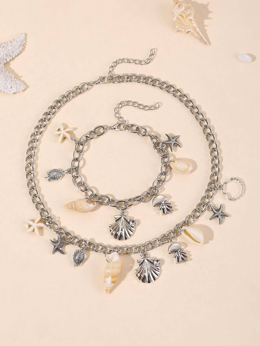 2pcs/Set Girl's Shell, Starfish Necklace & Bracelet Jewelry Set - Multicolor - View 1