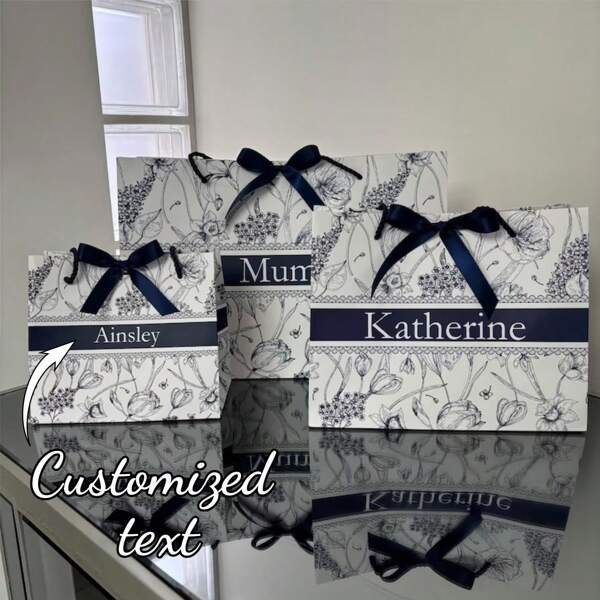 1 pieza Bolsa de regalo personalizada en azul marino y blanco con estampado floral, bolso vintage con flores, bolsa de recuerdo de vacaciones, bolsa de regalo para dama de honor y despedida de soltera
