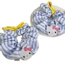 Sanrio 2PCS Sanlio KT Cat Bow Large Intestine Loop Hair Rope Refreshing Blue Stripe Large Hair Loop Head Rope Meatball Head Rubber Band