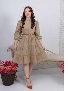Mii Elegant 3/4 Sleeve Chemise Dress With Buttons, Loose Fit - Màu Khaki - Xem 1