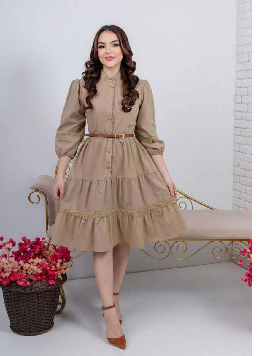 Mii Elegant 3/4 Sleeve Chemise Dress With Buttons, Loose Fit - Màu Khaki - Xem 1