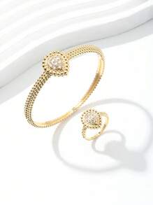 1 conjunto Pulseira e Anel com Borda de Pérola em Forma de Gota d'Água para Mulheres, Conjunto de Joias de Design Vintage, Para Uso Diário