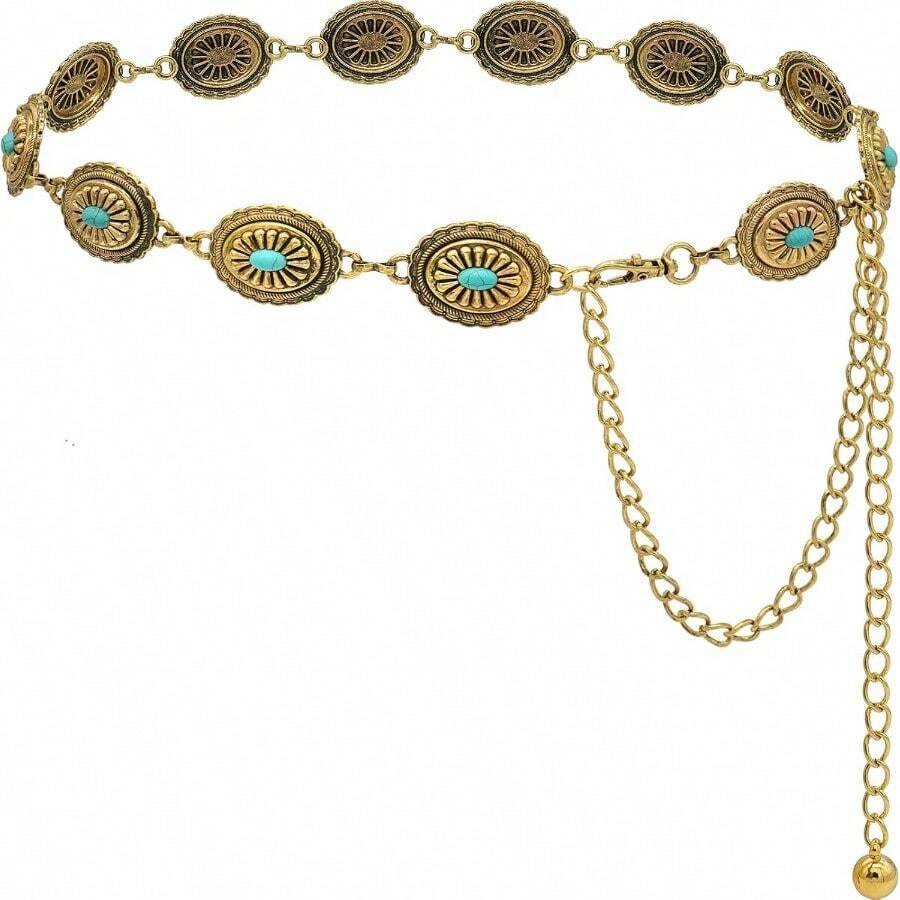 Women's Concho Chain Belt Western Cow Metal Waist Chain Belt For Dr - BGold - View 1