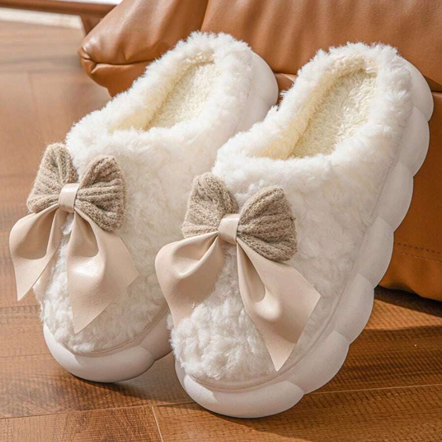 Zapatillas de algodón para mujeres otoño e invierno en casa antideslizante, cálido y lindo lazo de peluche y arrastre de algodón para mujeres,Pantufas - Blanco - Ver 1