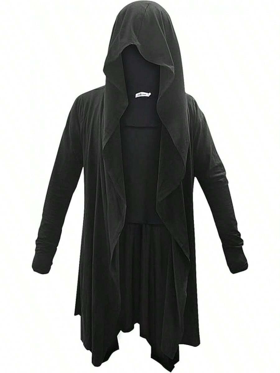 Men's Long Hooded Cardigan Ruffle Shawl Collar Drape Cape Overcoat Asymmetric Hem Open Front Hooded Cardigan - Black - View 1