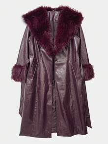 Elegant Women's Long PU Leather Coat With PU Leather Belt, Luxurious Faux Fur Collar And Cuffs, Suitable For Holiday, Birthday Party, Formal Evening, Everyday, Travel, Autumn/Winter