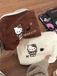 Sanrio 헬로 키티 자수 코듀로이 화장품 가방, 대용량 메이크업 파우치, 산리오 핸드백, 펜던트 없음