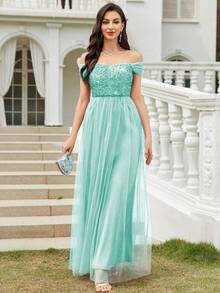 CHOSMO Elegant Solid Color Formal Dress, Knitted Fabric With Backless, Mesh Inset, Sequin Accent, Women's Dress For Prom, Wedding, Birthday Party, Anniversary, Graduation Party, Music Festival, Formal Occasion, Photoshoot, Stage Performance - Mint Blue - View 2