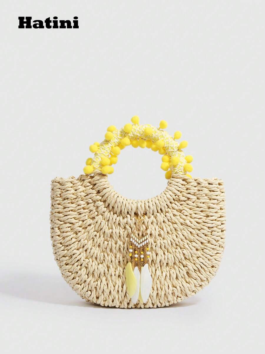 HATINI 小众设计休闲度假草编包，海滨手提包，波西米亚风流苏和羽毛装饰，黄色毛球和花卉装饰手提包，半圆形水桶包，适合女性办公室、通勤、约会、购物、休闲、度假、海滩、音乐节、派对、婚礼、学校