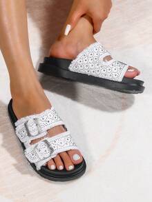 女士夏季沙滩度假凉鞋，户外休闲拖鞋，居家防滑鞋，复古牛仔布旅游鞋，流苏帆布一脚蹬双扣凉鞋