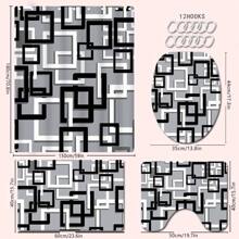 4 Stücke modernes schwarz-graues gestreiftes Badezimmer Set, inklusive Duschvorhang, Badematte, U-förmige Toilettenabdeckung, Toilettendeckelabdeckung, wasserdichter Duschvorhang, modischer Tür-/Fenstervorhang, ohne Bohren erforderlich, Polyester, maschinenwaschbar, Badezimmer Deko für den Schulanfang