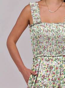 ANRABESS Womens Casual Summer Jumpsuits Smocked Sleeveless Wide Leg Long Romper Jumpers 2025 Beach Vacation Outfits - 粉紅色黃色花卉 - 查看 5