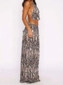 Women's Summer 2Pcs Outfits Solid Color/Snake Print Halter Tank Tops + Low Waist Slim Long Skirt Set Party Clothes - Dark Brown - View 5