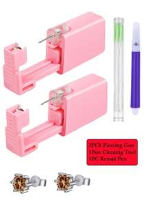 Kit de pistola de perfuração de orelha rosa, 1 peça/4 peças, brincos de cristal de coroa, descartáveis, assépticos, domésticos, portáteis, conjunto de ferramentas de perfuração de orelha com ferramenta de limpeza de furo de orelha e caneta de observação