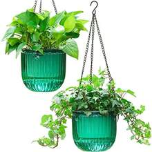 LI2 Pack Self Watering Hanging Planters Indoor Flower Pots 6.5 Inch Outdoor Hanging Basket Plant Hanger With 3Hooks Drainage Holes For Garden Home Emerald - Emerald - 查看 1