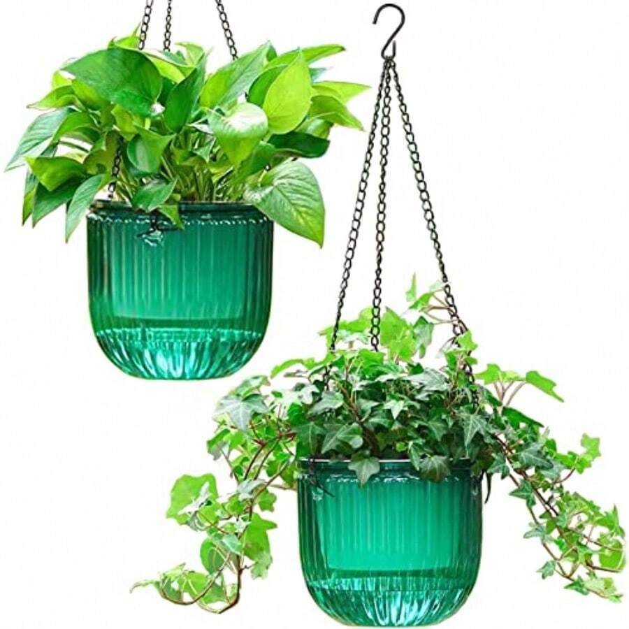 LI2 Pack Self Watering Hanging Planters Indoor Flower Pots 6.5 Inch Outdoor Hanging Basket Plant Hanger With 3Hooks Drainage Holes For Garden Home Emerald - Emerald - 查看 1