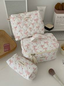 1pc/2pcs/3pcs Pink Bow Women's Cosmetic Bag, Cosmetic Storage Bag Set Suitable For Women, Toiletries Storage Bag, Skin Care Product Storage Bag Travel Portable Cosmetic Bag, Portable Multi-Functional Travel Cosmetics Storage Bag, Compartment Beauty Storage Bag, Travel Toiletries Bag, For Eyeshadow Disc, Foundation, Eye Cream, Mask, Loose Powder And Toiletries, Suitable For Party Vacation, Wedding Makeup Use