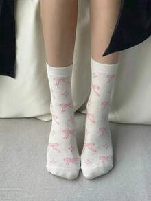1 Pair/4 Pairs Cute Pink Bow Print Sweet Short Socks, Casual Socks, Adorable Daily Socks, Fashion Versatile, Moisture-Wicking Breathable, Suitable For Daily Wear, Home Sports, Office Wear, Cute Cartoon Design, All Season, Great Christmas Gift - Multicolor - View 1