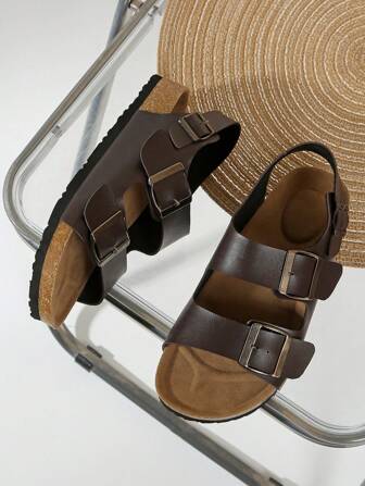 2025 男士纯色一脚蹬皮革凉鞋，带足弓支撑，软木鞋底，舒适的沙滩拖鞋，适合日常穿着、散步、休闲，加大码，可调节带子配金属扣装饰，白色、黑色、棕色可选，尺码 37-47 男女通用