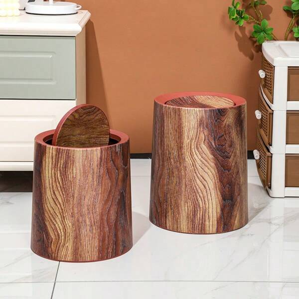 Household Trash Can, High Aesthetic Large Wood Grain Press Ring For Kitchen, Living Room, High-End Bathroom, Waste Paper Basket