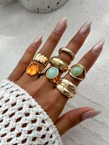 5pcs/Set Retro European Style Luxury Rhinestone Inlaid Rings, Asymmetrical Thick Metal Gold Color Ring Set, Women's Decoration Jewelry Suit For Daily Party And Banquet - Yellow Gold - View 5