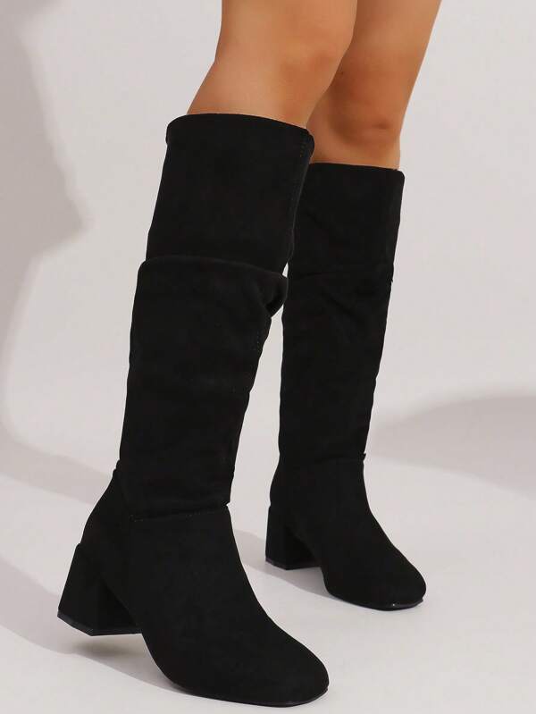 Women's Winter Folded Faux Suede Chunky Heel Vintage Square Toe Tall Boots, Knight Style