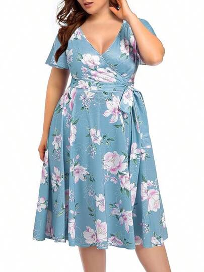Plus Size V Neck Wrap Midi Casual Summer Dress with Short Flutter Sleeve for Wedding Guests