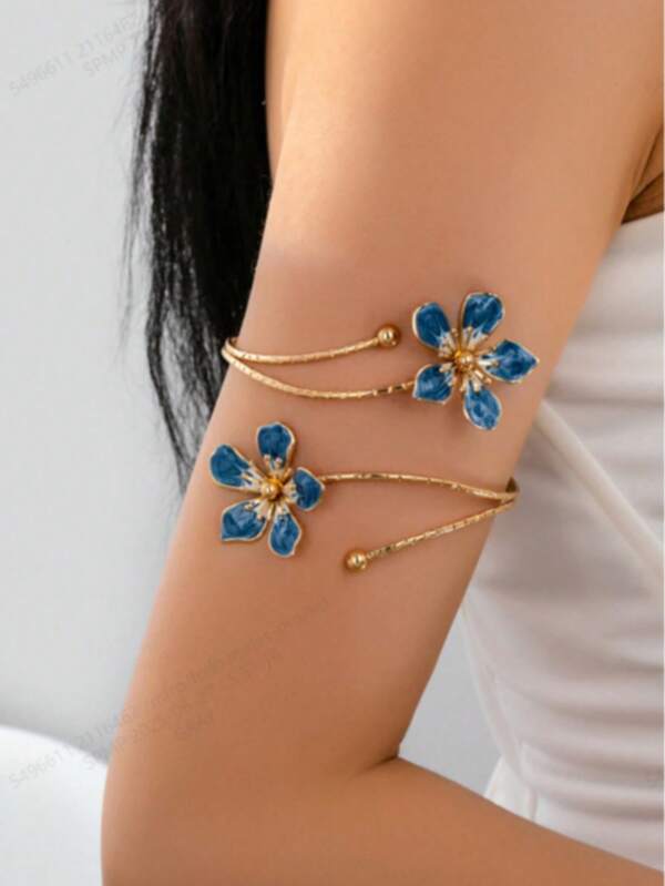 1pc Blue Open Flower Arm Cuff, Suitable For Daily Wear
