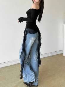 Solid Color Slim Fit Oblique Collar Long Sleeve Top