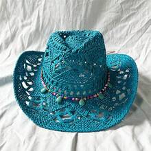 Women Cowgirl Hat, Soft Hollowed Straw Hat Beaded Wide Brim Beach Hat For Club Party - 藍色 - 查看 2