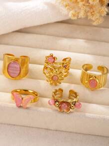5 件复古不对称猫眼蝴蝶不锈钢可调节戒指套装，适合男女，适合节日、婚礼、订婚、约会、日常佩戴 - 金色 - 查看 2