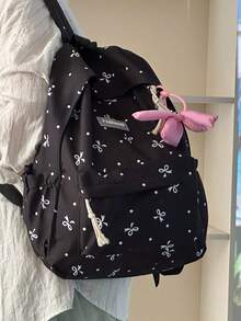1pc Minimalist Large Capacity Bow Print Backpack With Bow Decor, Cute, School Backpack - Black - View 2