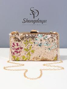 1件女士花卉图案手提包，时尚多色复古亮片刺绣花朵链条晚宴包，特别适合派对、婚礼、宴会，可搭配节日派对服装、晚礼服和亮片服装。最佳选择：优雅独特的手提包，适合新娘送礼会，闪亮亮片包包，展现女性优雅气质。