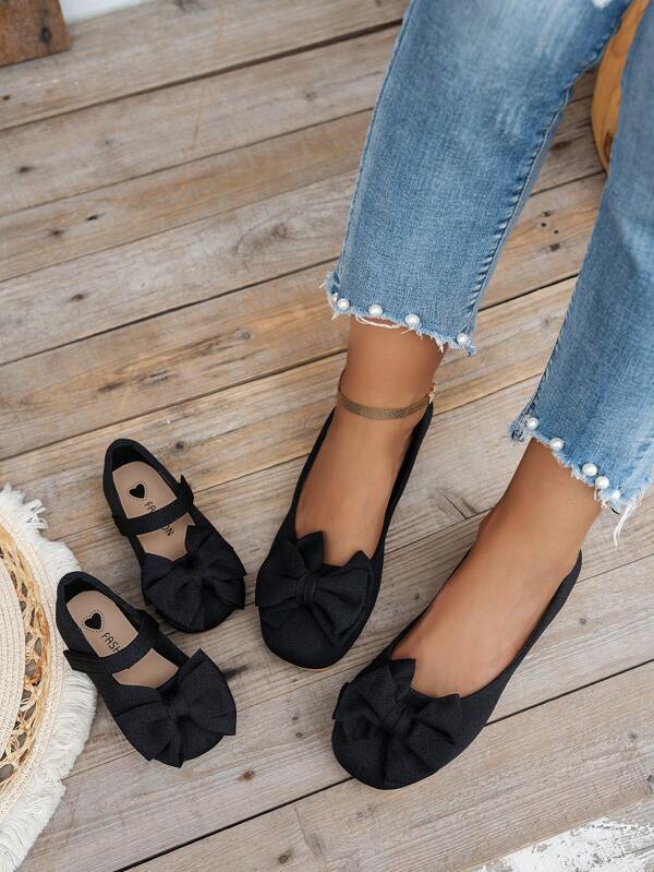 1 Pair Girls' Black Bowknot Flats, Children's Hook And Loop Design Breathable Chiffon Material Cute Shoes, Suitable For Mommy-And-Me Matching, All Season Outings And Gatherings